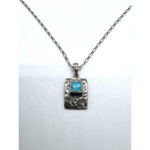 Sterling Silver 925 Necklace Artisan Hammered Pendant Blue Opal Style Inlay 16"